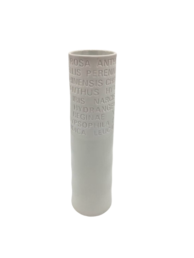White porcelain Poetic Space small vase by Räder Design, embossed with flower names, glazed inside with a matte beaded exterior finish.