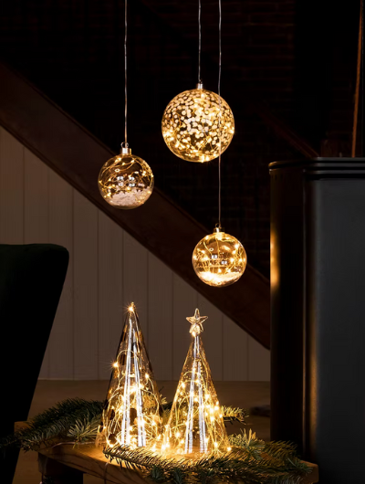 Merry Christmas LED Bauble with warm white light and foil lettering, battery operated with timer and remote control option.