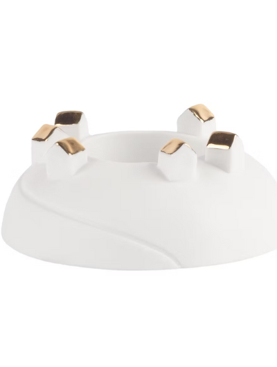 Porcelain Christmas tealight holder featuring gold-roofed houses by Räder Design, 10cm diameter × 4cm high.