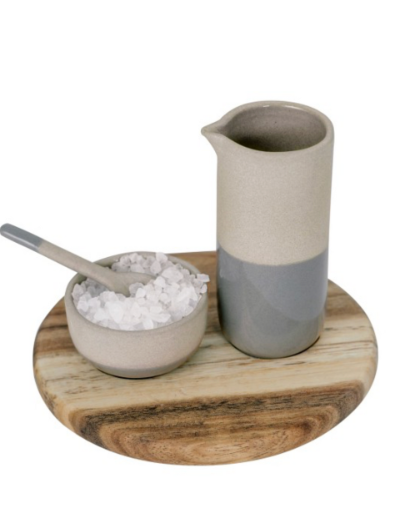 Vino Apero Mini Oil & Salt Set by Räder Design, grey matt glazed stoneware with acacia wood.