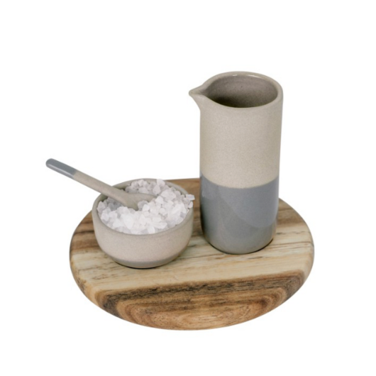 Vino Apero Mini Oil & Salt Set by Räder Design, grey matt glazed stoneware with acacia wood.