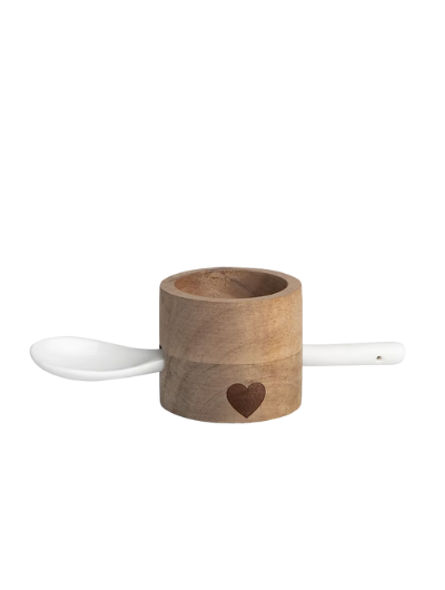Räder Design Stories Egg Cup Set with wooden cup featuring a lasered heart and white porcelain spoon.