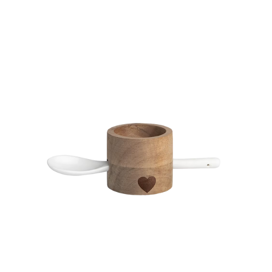 Räder Design Stories Egg Cup Set with wooden cup featuring a lasered heart and white porcelain spoon.