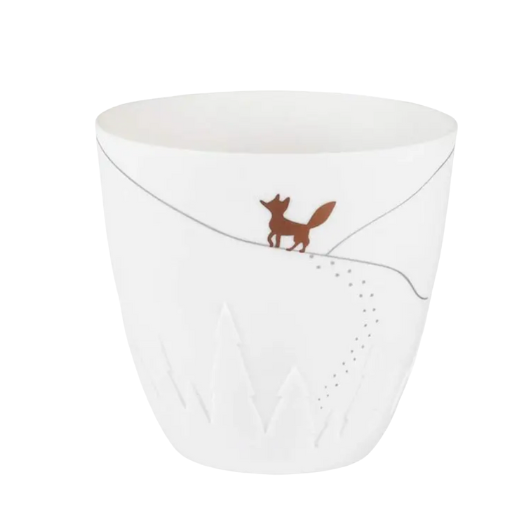 White porcelain Räder Poetrylight Fox tealight holder with golden fox and embossed treeswith golden fox and embossed trees.