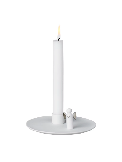 Porcelain Räder Angel Plate candle holder with silver-winged angel, 14cm diameter × 4.5cm high, elegant festive décor.