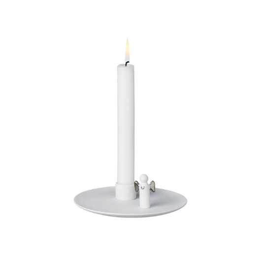 Porcelain Räder Angel Plate candle holder with silver-winged angel, 14cm diameter × 4.5cm high, elegant festive décor.