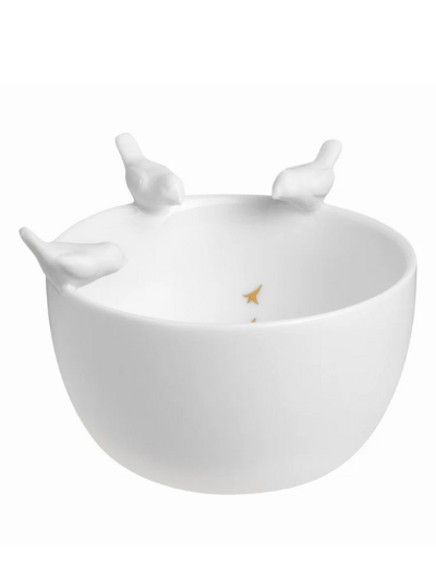 Handcrafted Porcelain Stories Bird Bowl by Indigo Ruh with three-dimensional gold-accented birds, glazed interior, matte exterior, available in 8cm or 12cm.