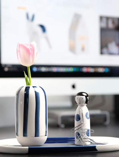 Räder Porcelain Doll office ornament, Ink Blue, hand-painted glazed porcelain, 3.5x3.5x12cm, magnetic paperclip holder and desk décor.