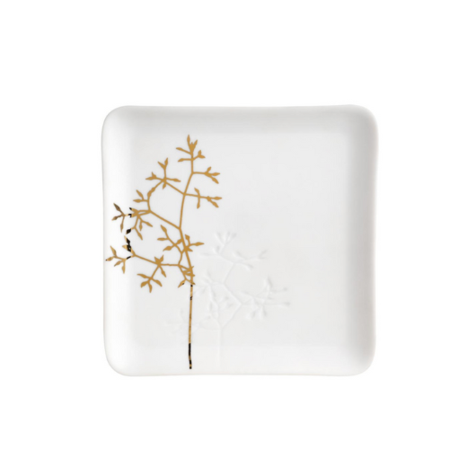 Räder Gold Twig Plate, porcelain with embossed twig pattern and gold foil finish, 13x13x1.5cm, elegant table or decorative accent.