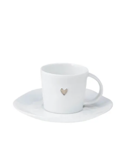 Räder porcelain cup Silver with hidden heart under saucer, 6cm diameter x 5cm high, partly glazed, boxed for gifting.