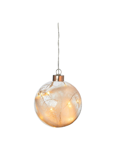 Christmas Feathers LED bauble with genuine feathers and warm white light, battery operated with timer and remote control