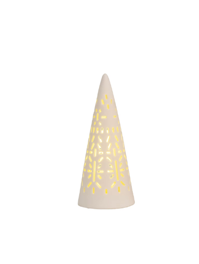 LED Mini Light Fir Tree Medium by Räder Design – white porcelain with cut-out pattern glowing softly
