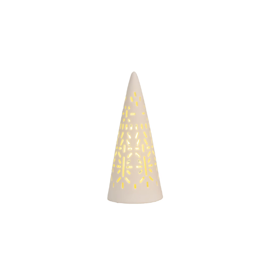 LED Mini Light Fir Tree Medium by Räder Design – white porcelain with cut-out pattern glowing softly