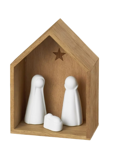 Räder miniature Nativity stable with acacia wood frame and delicate porcelain figures, a charming seasonal decoration that captures the magic and meaning of Christmas