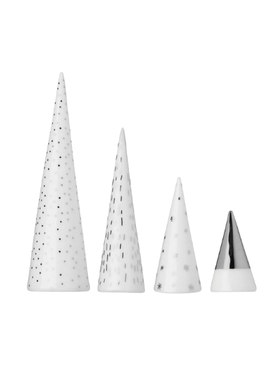 White porcelain tree cone decorations by Räder, finished with shimmering silver details
