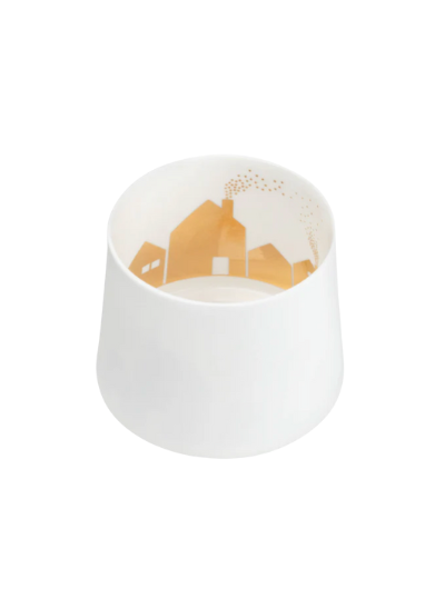 Räder Shadow Play Tealight Holder in white porcelain with gold Cityscape interior.