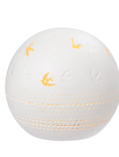 Rader Porcelain LED Light Ball with embossing and openings with bird design.