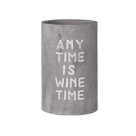Concrete wine cooler by Räder Design embossed with “Anytime Is Wine Time,” perfect for wine lovers and stylish home décor.