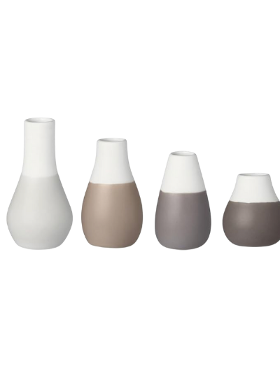 Set of four handcrafted pastel grey porcelain mini bud vases by Räder Design, glazed inside and part-glazed outside, ideal for small flowers.