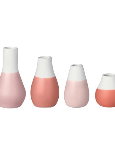 Set of four handcrafted pastel Pink porcelain mini bud vases by Räder Design, glazed inside and part-glazed outside, ideal for small flowers.