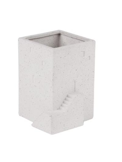 White mottled stoneware house planter by Räder with embossed details and cut-out windows, glazed inside for small plants.