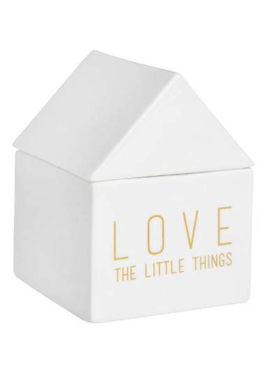 White porcelain house-shaped treasure box with gold “Love the little things” lettering by Räder Design.