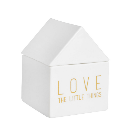 White porcelain house-shaped treasure box with gold “Love the little things” lettering by Räder Design.