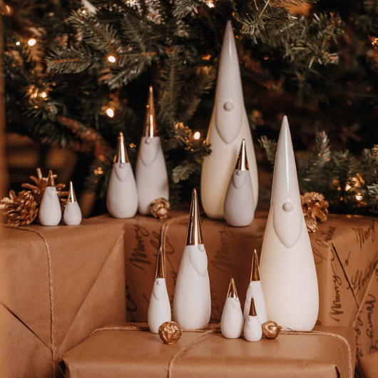 Porcelain Santa Gnome statuette with gold accents by Lisa Hampe, 4x4x15cm, perfect for festive home décor.