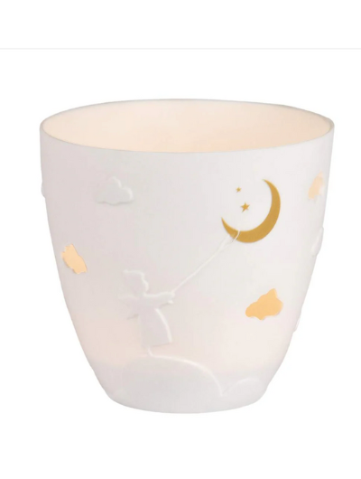 White and gold porcelain Räder Angel tealight holder, 9cm diameter × 9cm high, unglazed with decorative relief and printed design.