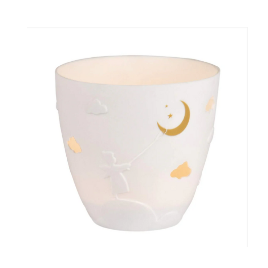 White and gold porcelain Räder Angel tealight holder, 9cm diameter × 9cm high, unglazed with decorative relief and printed design.