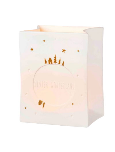 White porcelain Räder Winter Wonderland light bag with embossed world, gold houses and stars.