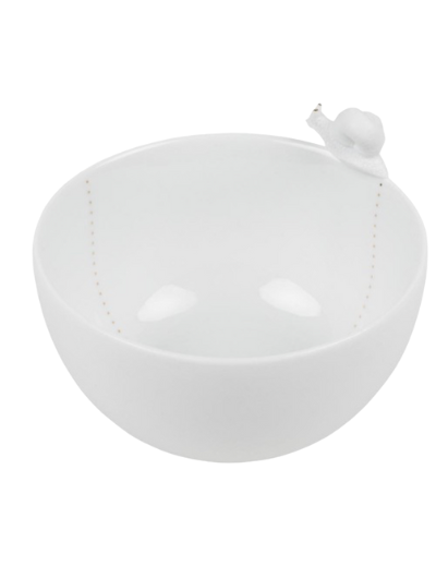 Räder porcelain bowl featuring a gold-detailed snail on the rim and a golden trail inside, unglazed exterior, Dia 9cm x H5.5cm.