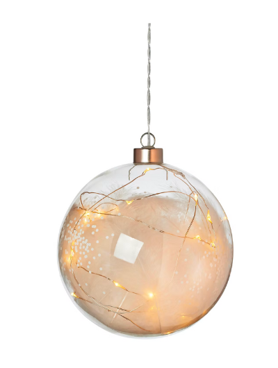Rader LED Feathered Christmas Bauble with warm white light, genuine feathers, and remote control option.