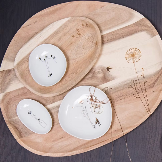 Räder Wonderland Tray – Small, wooden tray with engraved flock of birds carrying a child, 20.5x14.5x1cm, decorative or seasonal use.
