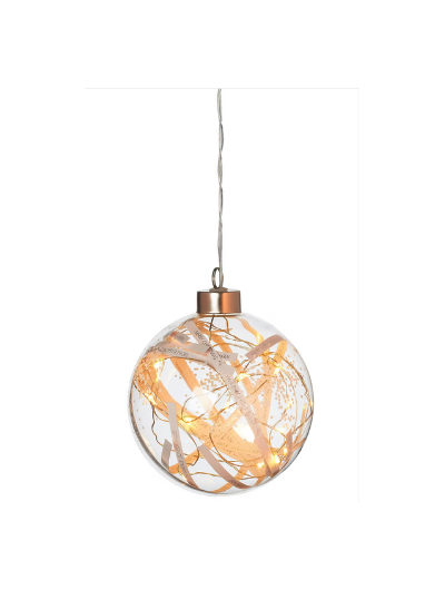 Merry Christmas LED bauble filled with sparkling hot foil strips and glowing warm white light, Rader porcelain design.