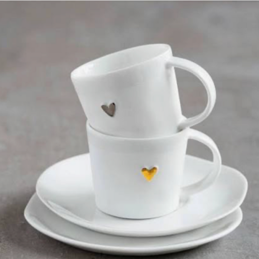 Räder porcelain cup Silver with hidden heart under saucer, 6cm diameter x 5cm high, partly glazed, boxed for gifting.