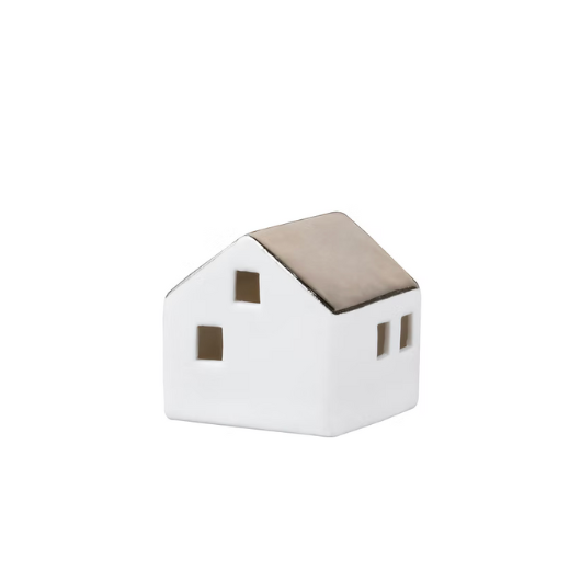 Mini porcelain LED illuminated house by Räder Design glowing softly, 4.5cm tall, battery-operated decorative light.
