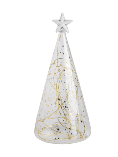 Räder glass LED illuminated fir tree with gold pattern glowing warmly for Christmas home déco.