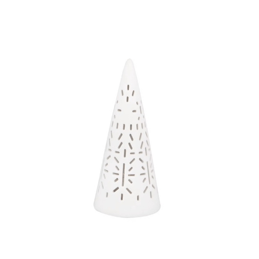LED Mini Light Fir Tree Medium by Räder Design – white porcelain with cut-out pattern glowing softly