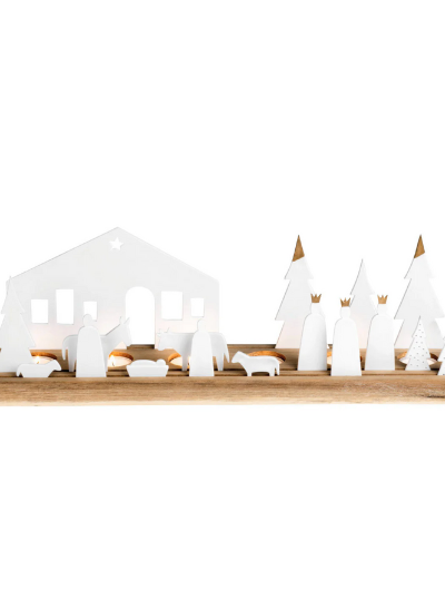 Räder Nativity Tealight Holder – Grand, featuring delicate white porcelain nativity figures arranged on an acacia wood base with small fir trees accented in gold. Tealights fit into the base, casting a warm glow over the scene for a festive, peaceful display.