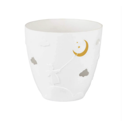 White and gold porcelain Räder Angel tealight holder, 9cm diameter × 9cm high, unglazed with decorative relief and printed design.