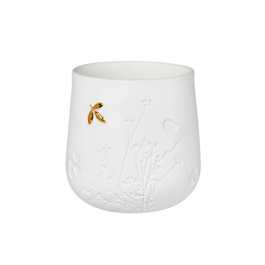 Porcelain Stories Leaf Tealight Holder with embossed twigs and gold leaf accent.