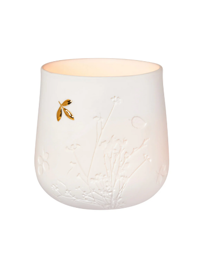 Porcelain Stories Leaf Tealight Holder with embossed twigs and gold leaf accent.