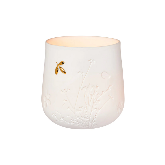 Porcelain Stories Leaf Tealight Holder with embossed twigs and gold leaf accent.