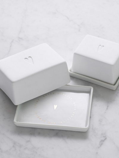 Räder Porcelain Butter Dish with heart decals, hand-shaped, 14.5x11.5x1cm dish with 13x10x5cm lid, decorative and functional tableware.