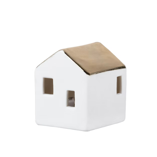 Mini porcelain LED illuminated house by Räder Design glowing softly, 4.5cm tall, battery-operated decorative light.
