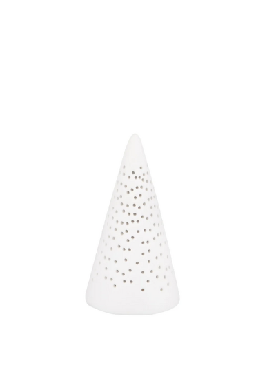 Mini porcelain LED fir tree with perforated pattern, battery-operated, festive holiday decoration.