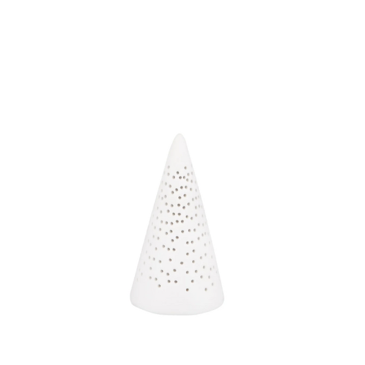 Mini porcelain LED fir tree with perforated pattern, battery-operated, festive holiday decoration.