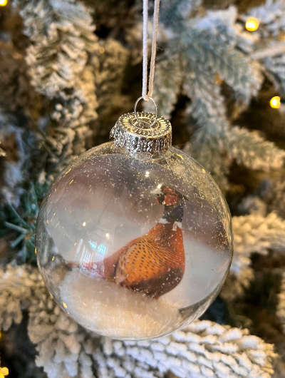 Glass Woodland Snow Scene Bauble Pheasant.