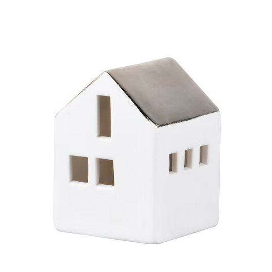 Mini porcelain LED illuminated house by Räder Design glowing softly, 4.5cm tall, battery-operated decorative light.